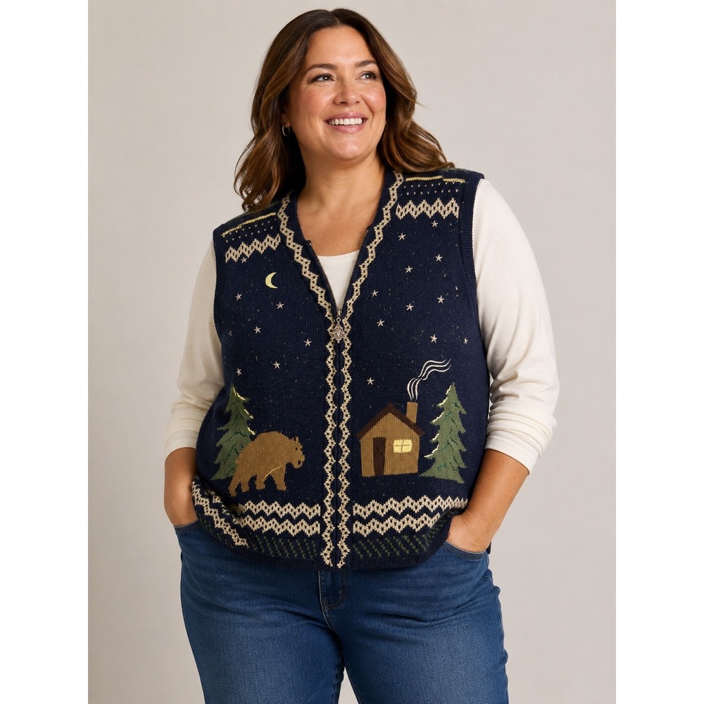 CJ‎ Banks Vintage Ws  3X Navy Blue Bear Cabin Scenic Zip Front Knit Sweater Vest